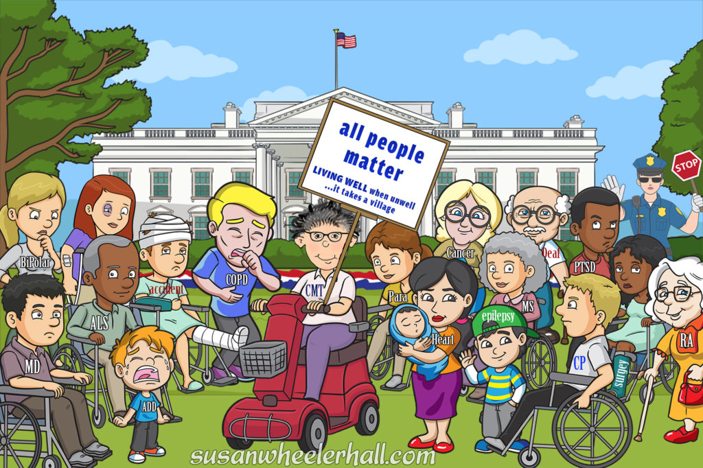Group od cartoon disabled people outside the White House